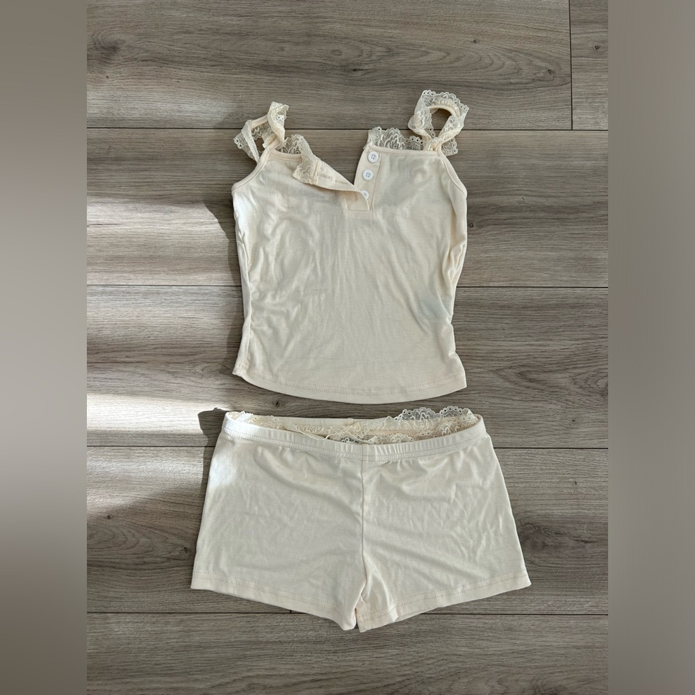Cream Lace Trim Tank Top and Shorts Set